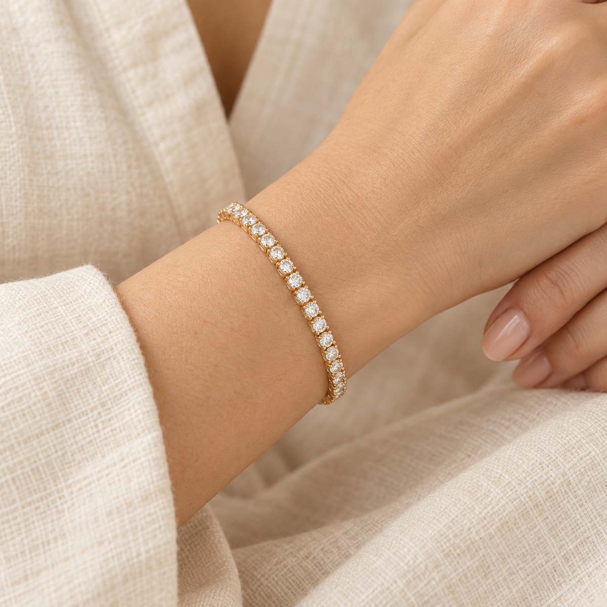 Lustre Tennis Bracelet — worn close-up
